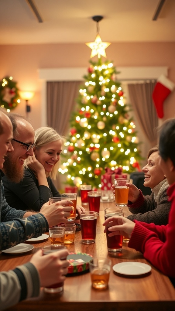 Adults enjoying a Christmas party with drinks and games, surrounded by festive decorations.